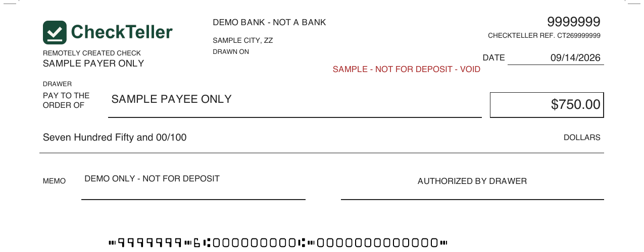 Sample CheckTeller check preview marked not for deposit